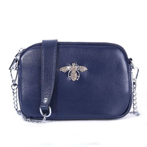 Betsy Real Leather Diamante Bee Cross Body Bag Navy