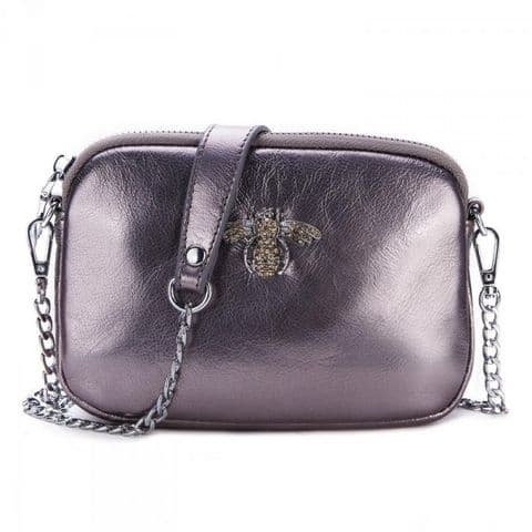 Betsy Real Leather Diamante Bee Cross Body Bag Pewter