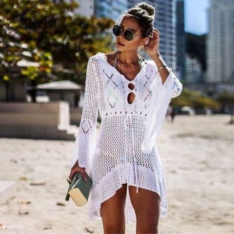 Bonita Crochet Knitted Beach Kaftan Dress White (3)