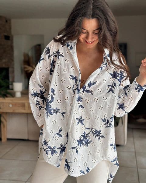 Camila Royal Blue Flower Detail Broderie Anglaise Shirt