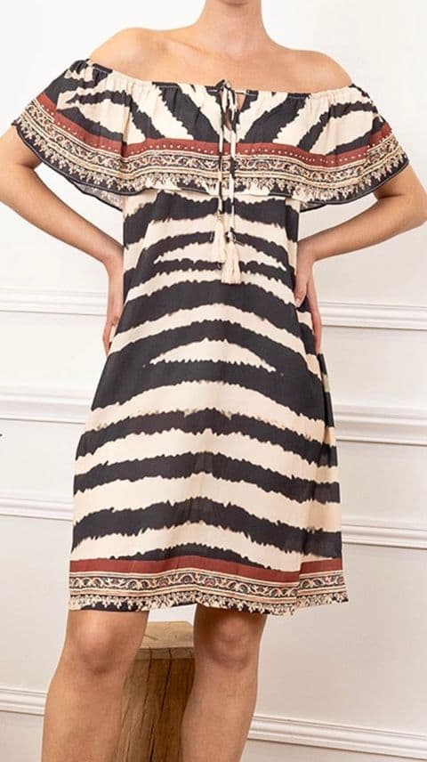 CHANIA EMBELLISHED BARDOT DRESS ZEBRA