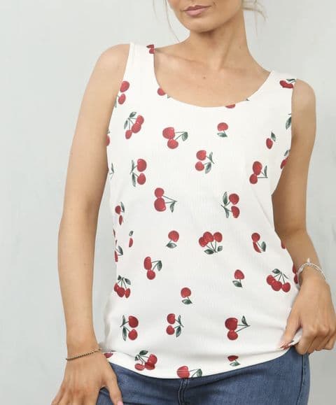 Cherry Ribbed Vest Top White