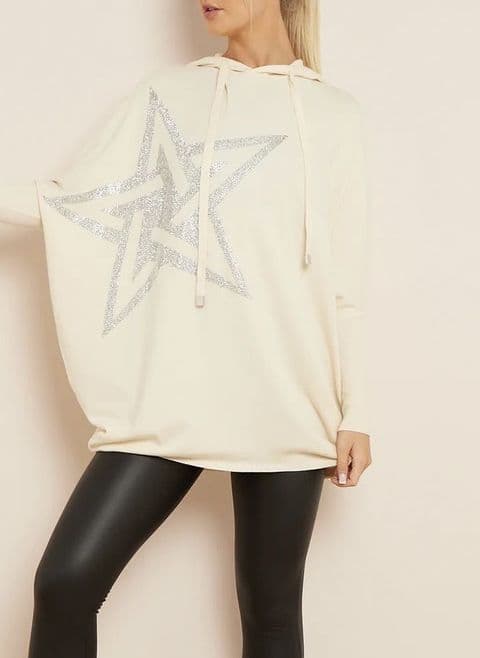 Constellation Diamante Star Knit Hoodie Cream