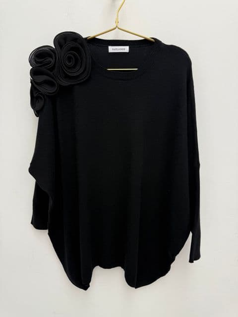 Corsage Ruffle Oversized Knit Jumper Black