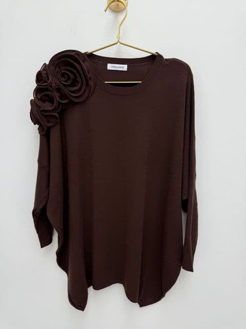 Corsage Ruffle Oversized Knit Jumper Chocolate Brown