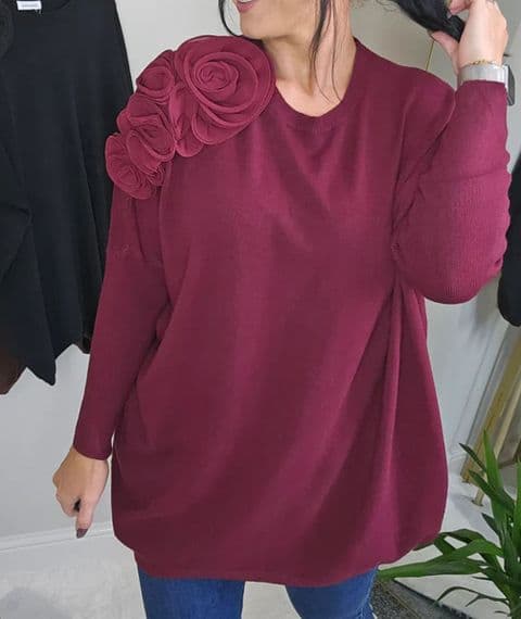 Corsage Ruffle Oversized Knit Jumper Wine