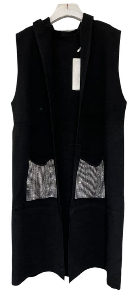 Damaris Diamante Pocket Knitted Hooded Waistcoat Black