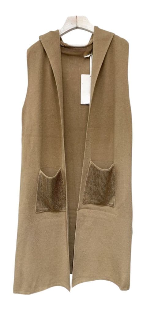 Damaris Diamante Pocket Knitted Hooded Waistcoat Camel