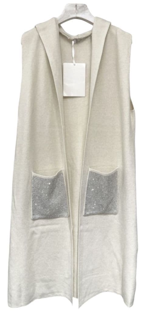 Damaris Diamante Pocket Knitted Hooded Waistcoat Cream