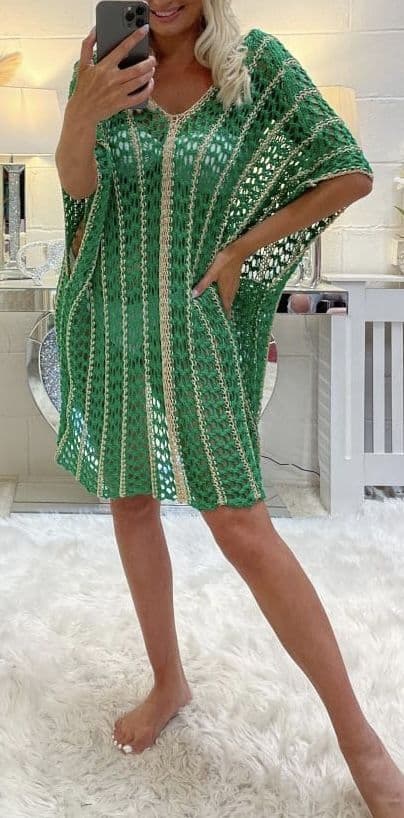 Dantel V Neck Crochet Tunic Green