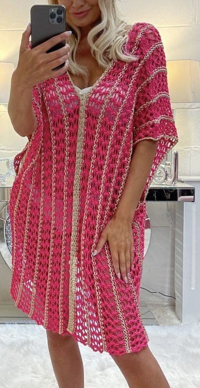Dantel V Neck Crochet Tunic Pink