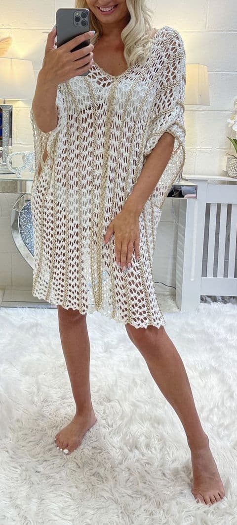 Dantel V Neck Crochet Tunic White