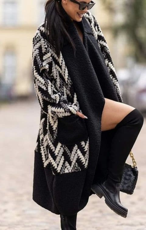 Defne Boiled Wool One Size Waterfall Lagenlook Coat Black & White