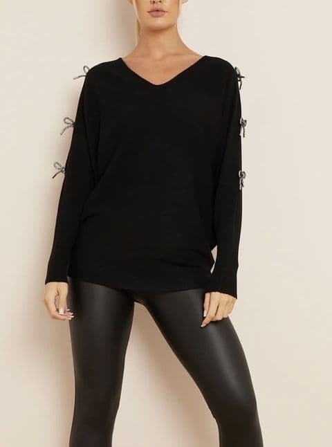 Diamante Bow Sleeve Jumper Black
