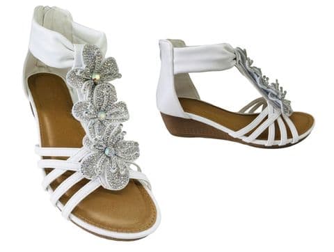 Diamante Flower Sparkly Low Wedge Sandals