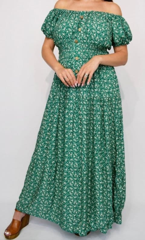 DIXIE BARDOT BUTTON MAXI MAGIC DRESS GREEN