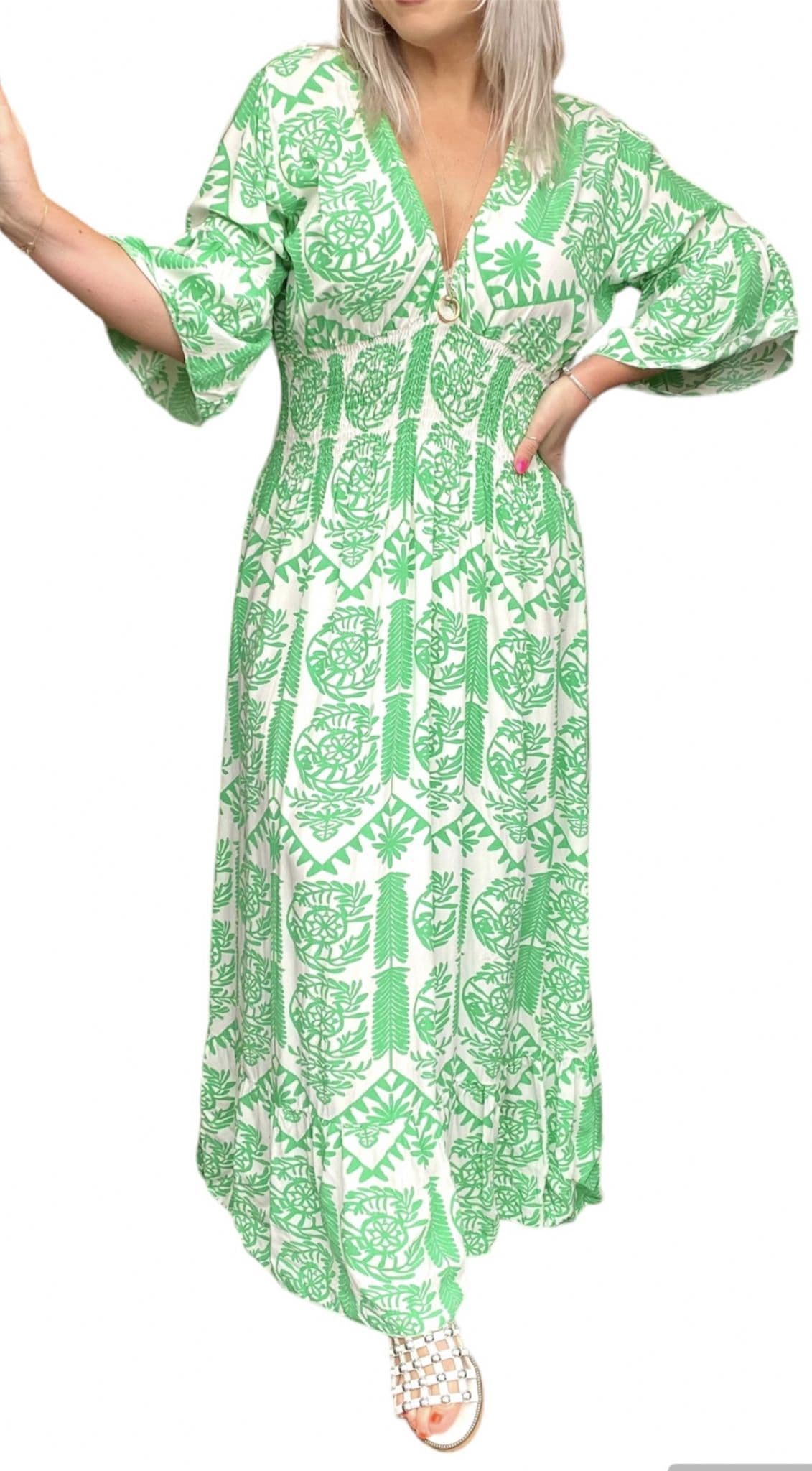 green midi dress with white flowers Green Floral Short Sleeve Midi Dress - All Dresses main image 1