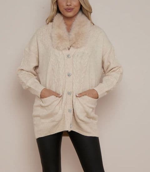 Faux Fur Diamante Bow Buttons Cable Knit Cardigan Beige