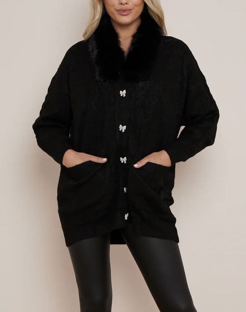 Faux Fur Diamante Bow Buttons Cable Knit Cardigan Black