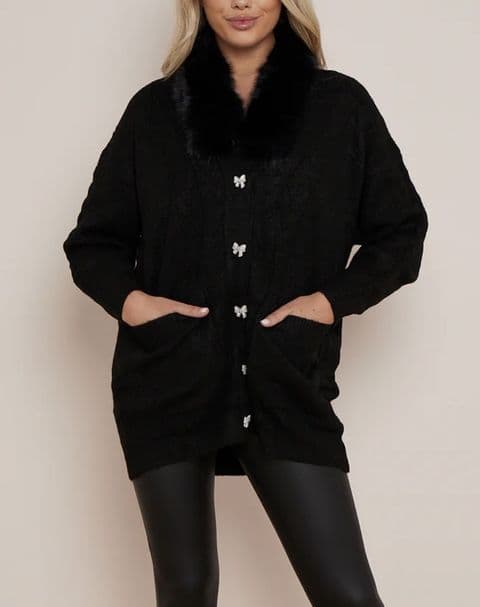 Faux Fur Diamante Bow Buttons Cable Knit Cardigan Black