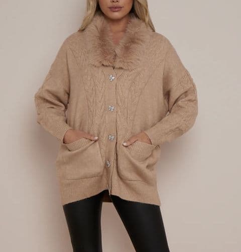 Faux Fur Diamante Bow Buttons Cable Knit Cardigan Camel