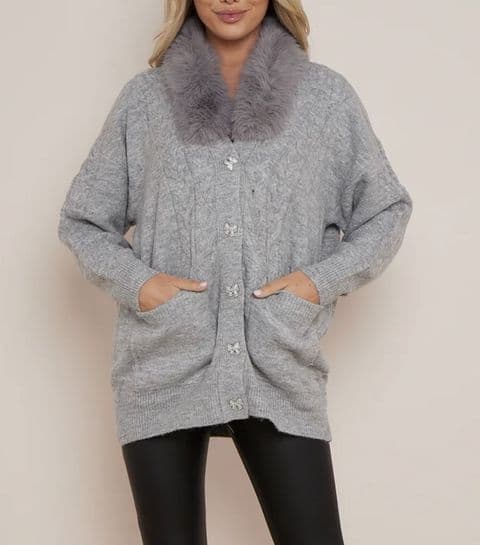 Faux Fur Diamante Bow Buttons Cable Knit Cardigan Grey
