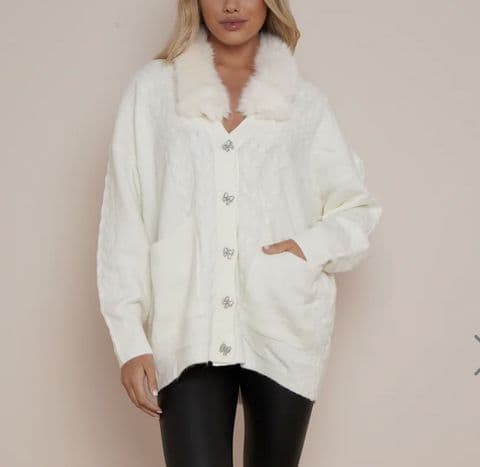 Faux Fur Diamante Bow Buttons Cable Knit Cardigan Winter White