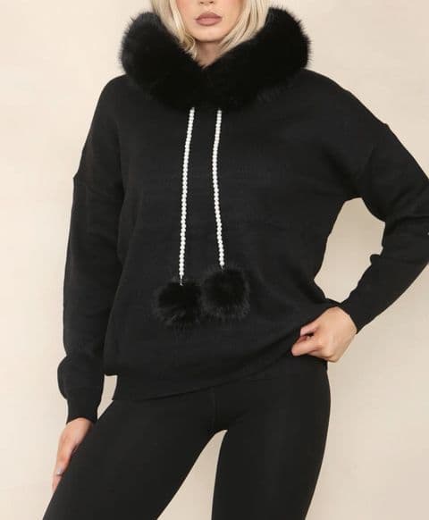 Faux Fur Pearl Pom Pom Hoodie Black