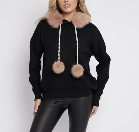 Faux Fur Pearl Pom Pom Hoodie Black & Camel