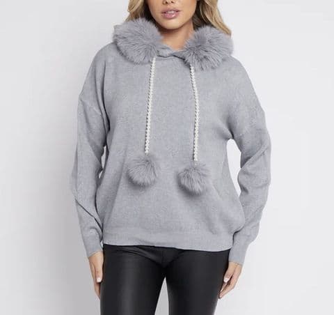 Faux Fur Pearl Pom Pom Hoodie Grey