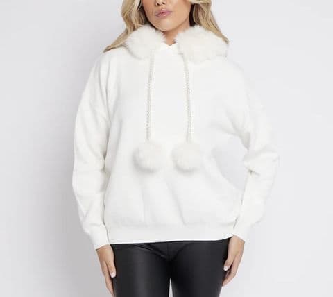 Faux Fur Pearl Pom Pom Hoodie Winter White