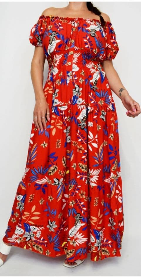 FELICE FLORAL BARDOT MAGIC MAXI DRESS RED