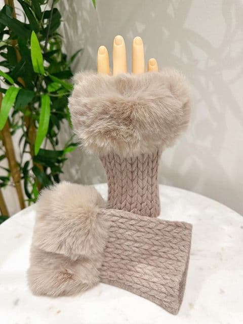 Fifi Fingerless Faux Fur Gloves Taupe