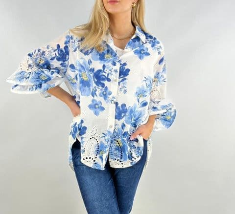Fiorella Blue Flower Frill Sleeve Shirt