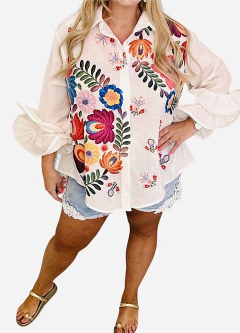 Fiorella Boho Leaf Frill Sleeve Shirt