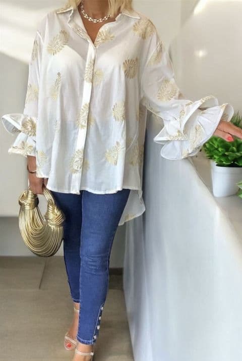 Fiorella Paisley Gold Embroidered Frill Sleeve Shirt
