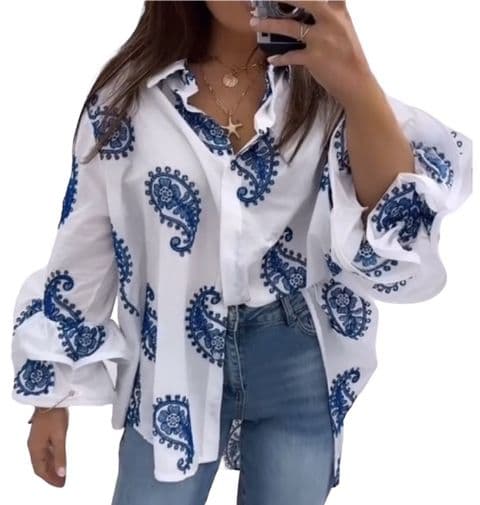 Fiorella Paisley Royal Blue Embroidered Frill Sleeve Shirt