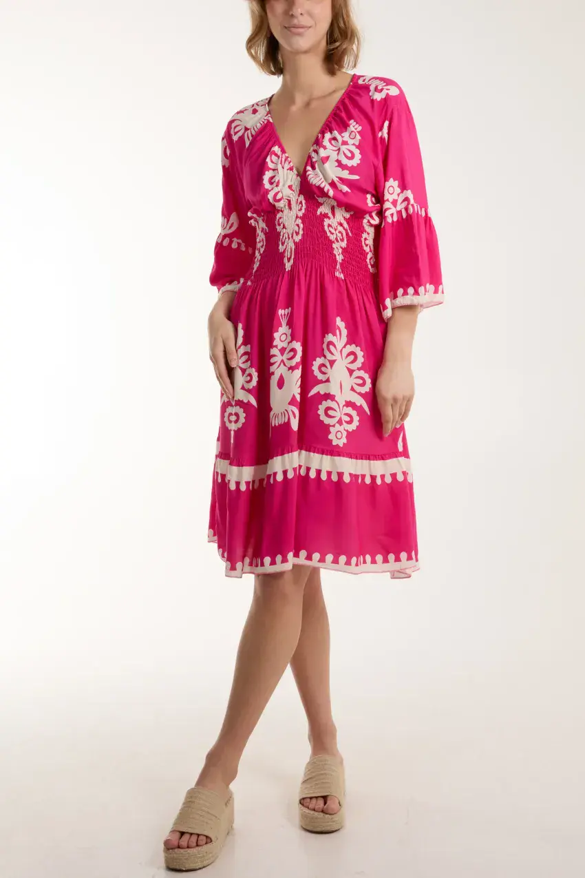 Fiorella Shirred Midi Dress Hot Pink