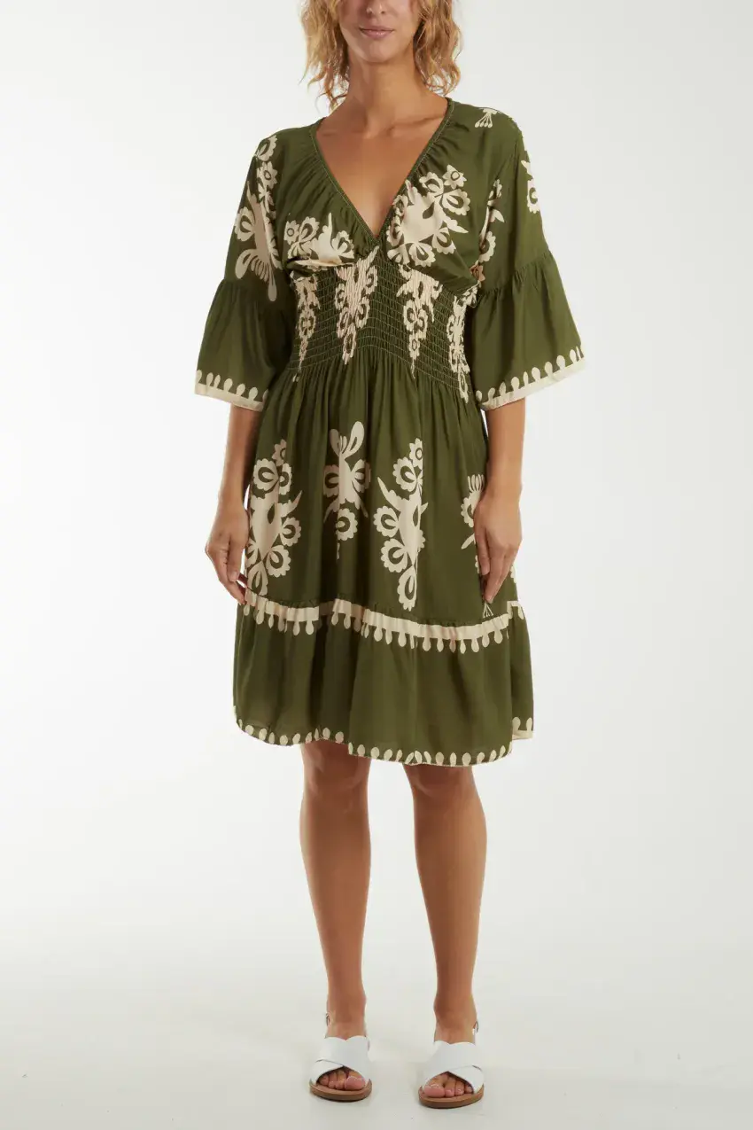 Fiorella Shirred Midi Dress Khaki
