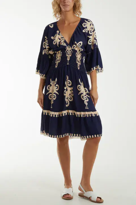 Fiorella Shirred Midi Dress Navy