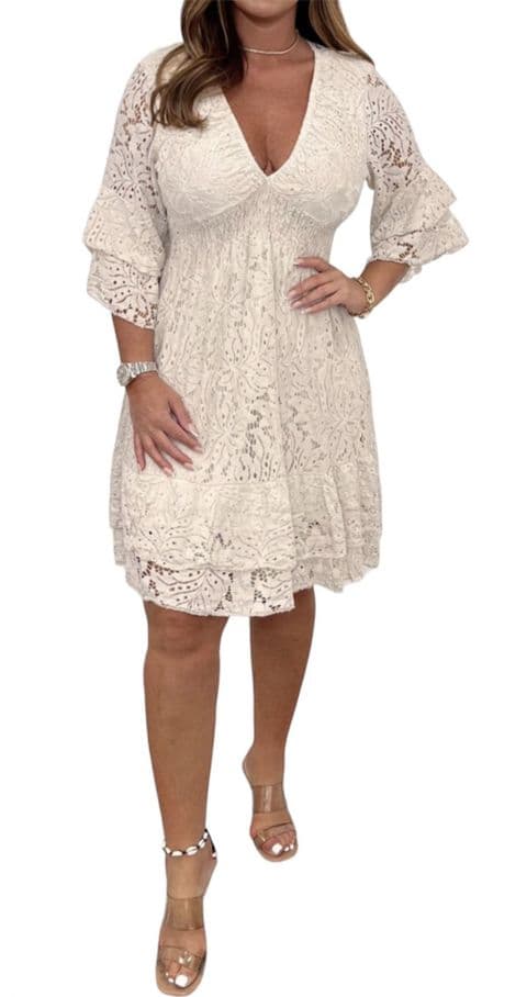 Florentino Lace v Neck Dress Beige