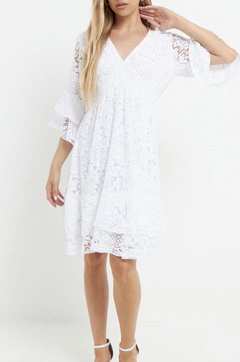 Florentino Lace v Neck Dress White