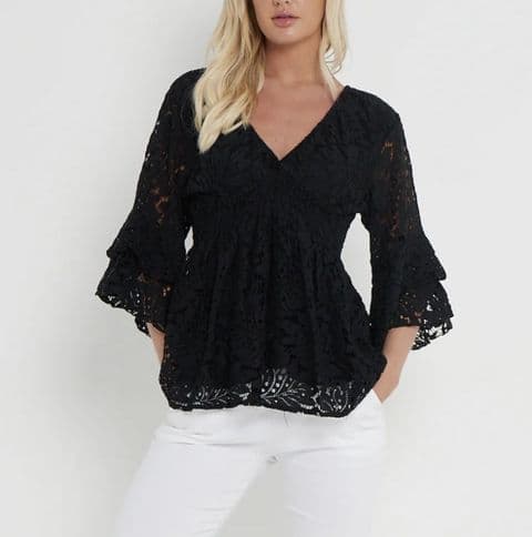 Florentino Lace V Neck Top Black