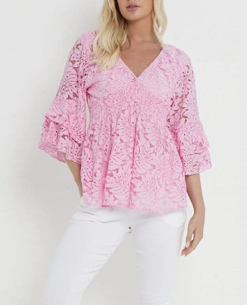 Florentino Lace V Neck Top Pink