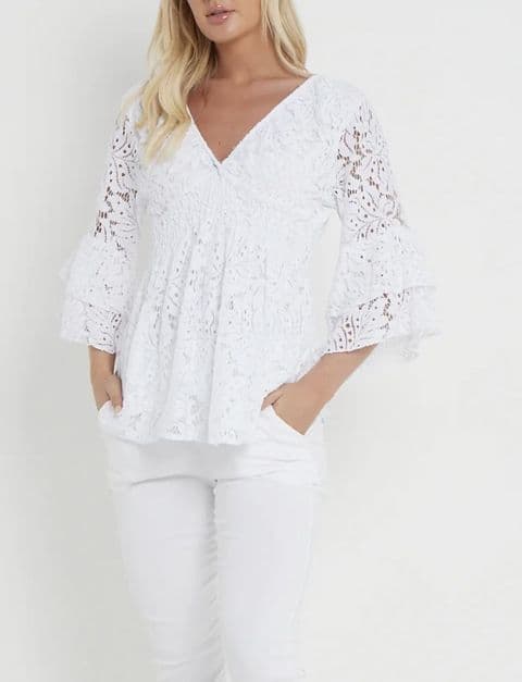 Florentino Lace V Neck Top White