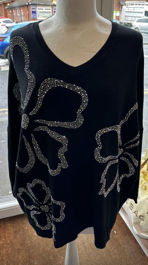 Flowis Diamante Flower Jumper Knitwear Black
