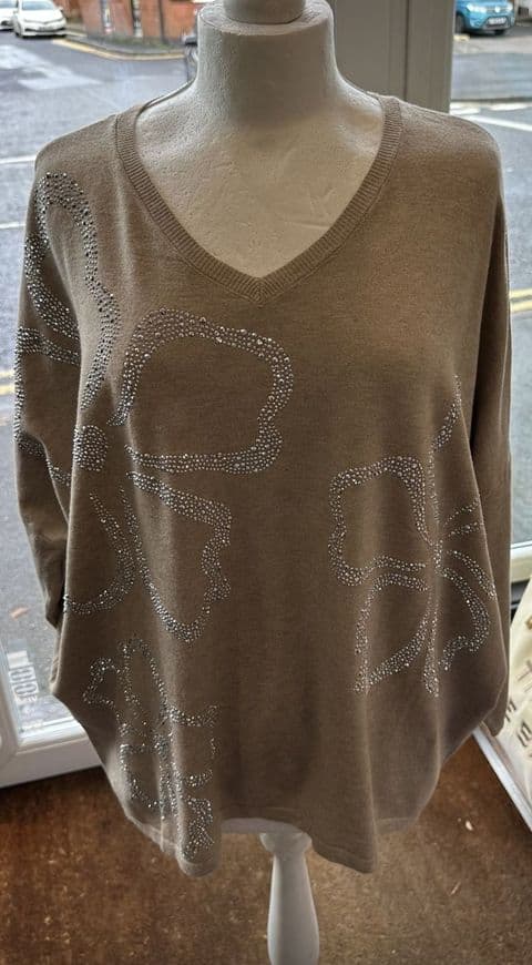 Flowis Diamante Flower Jumper Knitwear Camel