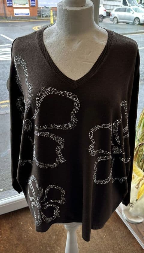 Flowis Diamante Flower Jumper Knitwear Chocolate