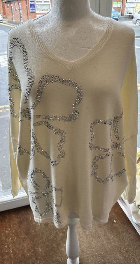 Flowis Diamante Flower Jumper Knitwear Cream