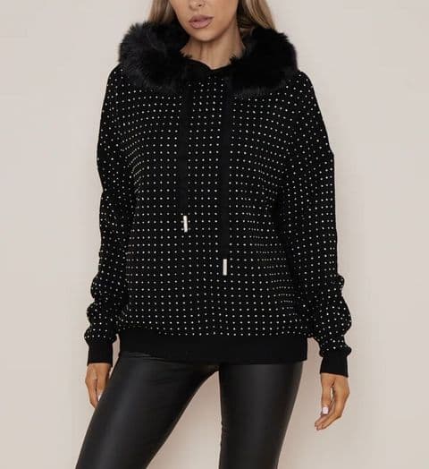 Foxy Diamanté Faux Fur Hoodie Black
